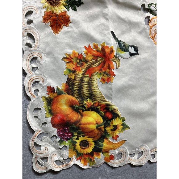 Thanksgiving Fall Harvest Embroidered Applique Tablecloth Pumpkins & Cornucopia - Picture 3 of 7